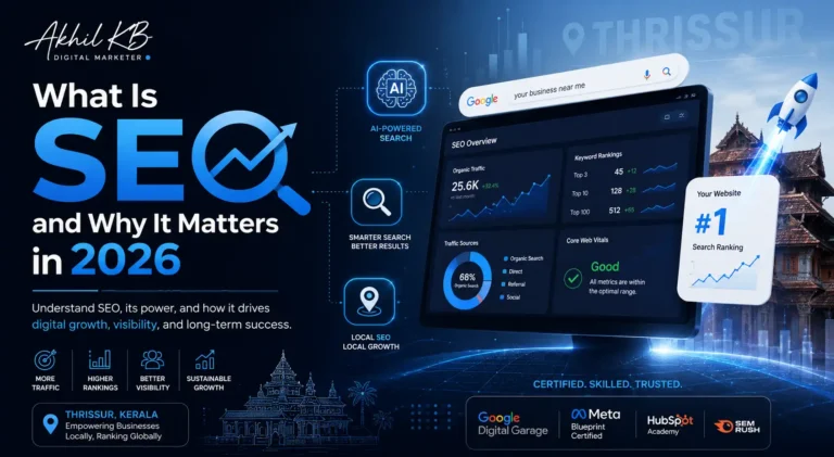 Modern SEO infographic banner explaining what SEO is and why it matters in 2026, featuring AI-powered search, website ranking analytics, digital growth elements, and branding by Akhil KB Digital Marketer. The image highlights search visibility, local SEO growth, and online marketing success, created by a top SEO specialist in Thrissur.